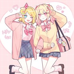 Rule 34 | 2girls, :d, bag, bag charm, blonde hair, blouse, blue skirt, bow, bow hairband, bowtie, brown footwear, buttons, charm (object), closed mouth, colored tips, commentary, green nails, hair bow, hair ornament, hairband, hairclip, heart stickers, highres, jacket, kagamine rin, kamiyama high school uniform (project sekai), leg up, leo/need (project sekai), leo/need rin, loafers, long hair, long sleeves, loose socks, multicolored hair, multicolored nails, multiple girls, nail polish, open clothes, open jacket, open mouth, pink bag, pink bow, pink bowtie, pink hair, pink hairband, pink jacket, pink legwear, pink nails, plaid, plaid bow, plaid bowtie, plaid skirt, pleated skirt, project sekai, salute, school bag, school uniform, shirt, shoes, short hair, sidelocks, skirt, smile, socks, standing, standing on one leg, star-shaped pupils, star (symbol), sticker, sticker on face, symbol-shaped pupils, tenma saki, translated, twintails, v over eye, vocaloid, waka (wk4444), white shirt, x hair ornament, yellow jacket