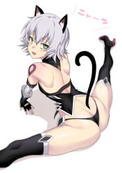 Rule 34 | 1girl, absurdres, animal ears, arm strap, arm support, ass, bandaged arm, bandages, bare shoulders, black gloves, black panties, black thighhighs, boots, breasts, cat ears, cat girl, cat tail, curvy, fate/apocrypha, fate (series), female focus, fingerless gloves, from above, from behind, gloves, green eyes, hair between eyes, high heel boots, high heels, highres, huge ass, jack the ripper (fate/apocrypha), kemonomimi mode, leaning forward, looking at viewer, looking back, looking up, open mouth, panties, scar, scar across eye, scar on face, shiny skin, short hair, shoulder blades, silver hair, simple background, sitting, small breasts, solo, split, spread legs, tail, tattoo, thigh boots, thighhighs, thong, ulrich (tagaragakuin), underwear, weapon, white background