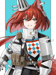 Rule 34 | 1girl, absurdres, animal ears, arknights, armor, blue background, breastplate, brown eyes, ear covers, ear tag, earpiece, flametail (arknights), gauntlets, hair between eyes, highres, looking at viewer, outside border, parted lips, pillarboxed, ponytail, rain (rain8649), red eyes, simple background, smile, solo, squirrel ears, squirrel girl, squirrel tail, tail, upper body
