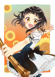 Rule 34 | 1girl, :d, bare arms, bare shoulders, black dress, black hair, black ribbon, blush, brown eyes, cowboy shot, dress, flower, flute, gradient background, head tilt, holding, holding instrument, instrument, looking at viewer, looking to the side, miyabi akino, nadeshiko doremisora, open mouth, outstretched arms, ribbon, shakuhachi, sleeveless, sleeveless dress, smile, solo, spread arms, takemi hiyo, yellow flower