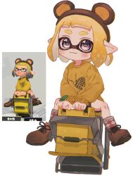 1girl animal_ear_hairband animal_ears argyle_clothes argyle_socks bear_ears black_shorts blonde_hair blush brown_footwear brown_hairband clenched_hands closed_mouth commentary_request dread_wringer_(splatoon) fake_animal_ears full_body game_screenshot_inset grey_socks hairband highres inkling inkling_girl inkling_player_character long_sleeves nintendo ochocho2828 on_weapon pointy_ears purple_eyes reference_inset short_hair shorts simple_background sitting smile socks solo splatoon_(series) splatoon_3 sweater tentacle_hair thick_eyebrows white_background yellow_sweater