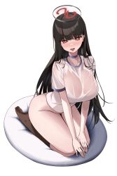 Rule 34 | 1girl, black hair, black socks, blue archive, blush, breasts, full body, gym shirt, hair ornament, hairpin, halo, highres, large breasts, long hair, looking at viewer, magya416, open mouth, red eyes, revision, rio (blue archive), see-through, see-through shirt, shirt, short sleeves, simple background, socks, solo, tongue, tongue out, wet, wet clothes, wet shirt, white background, white shirt
