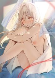 Rule 34 | 1girl, :t, backlighting, blanket, blurry, blurry foreground, blush, breasts, curtains, highres, hugging own legs, long hair, looking at viewer, medium breasts, nipples, noyama (noyama8888), nude, on bed, open window, original, pout, sitting, solo, sunlight, sweat, tears, textless version, white hair, wind, window, yellow eyes