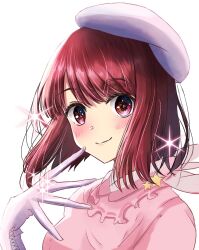 Rule 34 | 1girl, arima kana, beret, bob cut, closed mouth, gloves, happy, hat, highres, inverted bob, light blush, looking at another, oshi no ko, pink shirt, red eyes, red hair, shawl, shirt, short hair, simple background, smile, solo, star (symbol), tai56839808, upper body, white background, white gloves, white hat