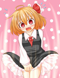 Rule 34 | 1girl, ahoge, ascot, blonde hair, blush, covering privates, covering crotch, fang, flying sweatdrops, fuurai mamuru, hair ribbon, long sleeves, open mouth, pink background, polka dot, polka dot background, red eyes, ribbon, rumia, shirt, skirt, skirt set, solo, touhou, vest, wind, wind lift