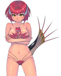Rule 34 | 1girl, bad id, bad pixiv id, bare shoulders, between breasts, bikini, blush, breast hold, breasts, capcom, cleavage, crossed arms, fins, fish girl, fish tail, frog, large breasts, light smile, mahito, monster girl, monster hunter (series), navel, personification, plesioth, red hair, shiny skin, solo, swimsuit, tail, x x, yellow eyes