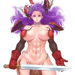 Rule 34 | 1girl, abs, areola slip, armor, breasts, breasts apart, closed mouth, collar, contrapposto, cowboy shot, dragon quest, dragon quest iii, elbow gloves, exploding clothes, floating hair, forehead, glint, gloves, helmet, holding, holding sword, holding weapon, large breasts, long hair, looking at viewer, muscular, muscular female, navel, nude, pauldrons, pelvic curtain, purple eyes, purple hair, red gloves, shoulder armor, shu-mai, simple background, soldier (dq3), solo, square enix, sword, torn clothes, weapon, white background, winged helmet