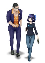 Rule 34 | 1boy, 1girl, a-chan (1st costume) (hololive), a-chan (hololive), absurdres, bad id, bad pixiv id, black-framed eyewear, black footwear, black hair, black shirt, blue-framed eyewear, blue bow, blue eyes, blue footwear, blue hair, blue pants, blush, bow, breasts, cellphone, collared shirt, commentary, copyright name, cross-laced footwear, daidou shinove, denim, energy drink, formal, full body, glasses, hair bow, height difference, highres, hololive, holostars, jacket, jeans, long sleeves, looking at another, lunch boxer, monster energy, open clothes, open jacket, orange shirt, pants, pectorals, phone, product placement, purple jacket, purple pants, purple suit, shadow, shirt, shoes, short hair, sideburns, simple background, small breasts, smartphone, smile, smiley face, sneakers, suit, t-shirt, talking, trait connection, virtual youtuber, walking, watch, white background, wristwatch