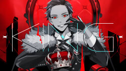 Rule 34 | 1boy, bangs pinned back, cape, collared shirt, crown, fang, finger in own mouth, formal, fur-trimmed cape, fur trim, gloves, hair slicked back, hand up, jacket, king (vocaloid), koga act (vtuber), lapel pin, limited palette, looking at viewer, male focus, monochrome, red eyes, red theme, shirt, short hair, smile, solo, song name, suit, throne, upper body, virtual youtuber, yori (ito haruki)