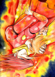 Rule 34 | 2boys, brown hair, cyborg 009, gradient background, hair over one eye, hand on head, holding, jet link, long nose, male focus, multiple boys, painting (medium), red hair, red theme, shimamura joe, shisasa, traditional media, upside-down, watercolor (medium)