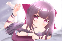 Rule 34 | 1girl, absurdres, barefoot, black hair, blush, fallenshadow, feet, hair ribbon, highres, looking at viewer, lying, nothing1, on stomach, original, purple eyes, ribbon, soles, solo, thighhighs, toes, virtual youtuber