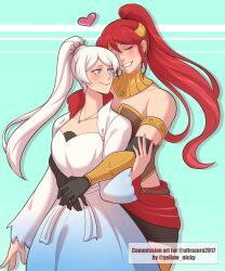 Rule 34 | 2girls, bare shoulders, black gloves, blue dress, blue eyes, commission, dress, gloves, heart, highres, jewelry, long sleeves, multiple girls, necklace, ponytail, pyrrha nikos, red hair, rwby, tagme, twitter username, weiss schnee, white dress, white hair, yellow nicky, yuri