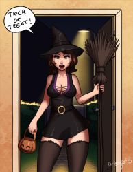 Rule 34 | 1girl, animated, animated gif, breasts, broom, brown hair, cleavage, dr graevling, english text, female pubic hair, glowing, glowing eyes, halloween, hat, long hair, natsumi (dr graevling), nipples, nude, original, pubic hair, purple eyes, signature, solo, thighhighs, trick or treat, uncensored, witch hat