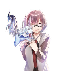 Rule 34 | 1girl, fate/grand order, fate (series), fou (fate), glasses, hair over one eye, highres, hood, hoodie, kosai, mash kyrielight, necktie, one eye closed, purple eyes, purple hair, red necktie, semi-rimless eyewear, sketch, smile, solo, under-rim eyewear, white background