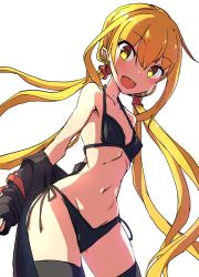 Rule 34 | 1girl, bikini, black bikini, black jacket, black thighhighs, blonde hair, breasts, comala (komma la), commentary request, cowboy shot, jacket, kantai collection, long hair, looking at viewer, open mouth, round teeth, satsuki (kancolle), side-tie bikini bottom, simple background, small breasts, solo, swimsuit, teeth, thighhighs, twintails, undressing, upper teeth only, white background, yellow eyes