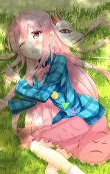 Rule 34 | 1girl, ;o, blue shirt, blush, bow, checkered clothes, checkered shirt, commentary request, day, fox mask, hair between eyes, hata no kokoro, highres, long hair, looking at viewer, lying, mask, on grass, on side, one eye closed, outdoors, pink hair, pink skirt, shade, shirt, skirt, sleepy, solo, touhou, tree shade, very long hair