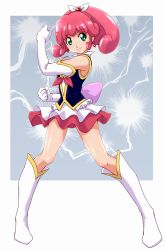Rule 34 | 10s, 1girl, boots, cure mirage, dengeki gx, earrings, elbow gloves, full body, gloves, green eyes, happinesscharge precure!, highres, jewelry, knee boots, magical girl, miniskirt, pink hair, pink skirt, precure, queen mirage, shiny skin, short hair, simple background, skirt, smile, solo, spoilers, standing, white footwear, white gloves