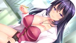 Rule 34 | 1girl, :&gt;, blush, breasts, chair, chopsticks, female focus, from above, game cg, hair between eyes, hand up, holding, holding chopsticks, indoors, jewelry, lab coat, large breasts, legs, long hair, looking at viewer, necklace, nonomiya rinka, original, purple eyes, purple hair, shiokonbu, sister lesson, sitting, skirt, smile, solo, thighs