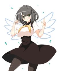 Rule 34 | 10s, 1girl, black hair, breasts, gatchaman crowds, grey eyes, high-waist skirt, huge breasts, ichinose hajime, looking at viewer, notepad, osashin (osada), pantyhose, short hair, simple background, skirt, smile, solo, transparent background, white background, wings