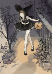 Rule 34 | 1girl, bad id, bad pixiv id, bowing, brown hair, dress, female focus, halloween, hat, indoors, jack-o&#039;-lantern, lantern, mary janes, nekosuke (oxo), original, plant, railing, shoes, solo, stairs, watering can, witch, witch, witch hat