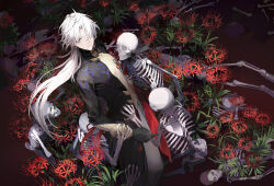 Rule 34 | 1boy, bazhua, black coat, black gloves, blade (honkai: star rail), bone, chinese clothes, closed mouth, coat, cowboy shot, curtained hair, earrings, expressionless, field, flower, flower field, gloves, grass, grey eyes, grey pants, hair over one eye, half updo, highres, honkai: star rail, honkai (series), jewelry, long hair, long sleeves, looking at viewer, looking to the side, male focus, pants, red flower, skeleton, sleeve cuffs, solo, spider lily, standing, stud earrings, turtleneck, white hair, yingxing (honkai: star rail)