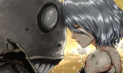 Rule 34 | 1girl, black gloves, character request, commentary request, facebook username, forehead-to-forehead, gloves, heads together, highres, long bangs, nier:automata, nier (series), parted lips, profile, robusta mania, short hair, silver hair, solo focus, spoilers, teeth, twitter username, upper body, watermark, web address