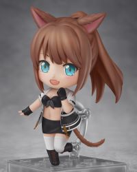 Rule 34 | 1girl, animal ears, black footwear, blue eyes, blush, boots, breasts, brown hair, chibi, cleavage, commission, cross-laced footwear, diamond-shaped pupils, diamond (shape), eyebrows, fang, female focus, full body, highres, lace-up boots, long hair, medium breasts, navel, nendoroid, open mouth, original, ponytail, shiori2525, smile, solo, symbol-shaped pupils, tail, thighhighs, white thighhighs
