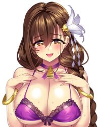 Rule 34 | 1girl, bad id, bad twitter id, bare shoulders, bell, blush, bow, bra, bracelet, braid, breasts, brown eyes, brown hair, cleavage, collar, flower, hair flower, hair ornament, hands on own chest, jewelry, kanpani girls, large breasts, lipstick, looking at viewer, makeup, matching hair/eyes, mole, mole under eye, neck bell, open mouth, senri gan, shirayuri sakura, simple background, solo, underwear, white background