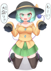 Rule 34 | 1girl, :d, absurdres, aqua eyes, aqua hair, bare shoulders, black footwear, black thighhighs, boots, breast padding, breasts, bright pupils, buttons, check translation, diamond button, frilled sleeves, frills, green skirt, harunoha, hat, highres, kneeling, komeiji koishi, long sleeves, medium breasts, medium hair, off shoulder, open mouth, pleated skirt, see-through, see-through skirt, segmented comic, shirt, skirt, sleeves past fingers, sleeves past wrists, smile, solo, thighhighs, third eye, touhou, translation request, white pupils, yellow shirt, zettai ryouiki