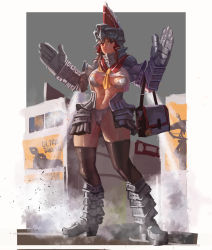 Rule 34 | 1girl, absurdres, alternate costume, armored boots, bag, black panties, black thighhighs, boots, border, bow, brown hair, cameltoe, closed mouth, commentary request, cookie (touhou), copyright request, d tomoki, full body, gauntlets, hair bow, hair tubes, hakurei reimu, highres, holding, holding bag, long hair, looking at viewer, panties, red bow, red eyes, reu (cookie), solo, standing, steam, thighhighs, touhou, underwear, white border