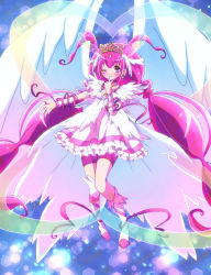 Rule 34 | 10s, 1girl, angel wings, antenna hair, bike shorts, bike shorts under skirt, blue background, boots, bow, choker, cure happy, cure happy (princess form), dress, earrings, full body, highres, hoshizora miyuki, jewelry, knee boots, long hair, magical girl, one eye closed, pink bow, pink dress, pink eyes, pink hair, pink shorts, pink skirt, pointing, precure, shorts, shorts under skirt, skirt, smile, smile precure!, solo, sushineta, tiara, twintails, ultra cure happy, wings, wink