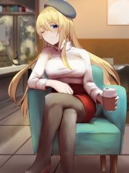 Rule 34 | 1girl, alternate costume, atago (kancolle), beret, black pantyhose, blonde hair, blue eyes, blue hat, blush, breasts, cafe, chair, crossed legs, cup, disposable cup, hair between eyes, hat, highres, holding, holding cup, honmakaina kudou, indoors, kantai collection, large breasts, long hair, long sleeves, one eye closed, pantyhose, red skirt, sitting, skirt, smile, solo, sweater, turtleneck, turtleneck sweater, white sweater