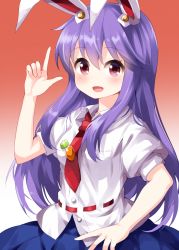 Rule 34 | 1girl, animal ears, belt, blue skirt, buttons, carrot, collared shirt, cowboy shot, gradient background, hair between eyes, highres, index finger raised, long hair, looking at viewer, necktie, open mouth, puffy short sleeves, puffy sleeves, purple hair, rabbit ears, red background, red belt, red eyes, red necktie, reisen udongein inaba, ruu (tksymkw), shirt, short sleeves, skirt, smile, solo, standing, touhou, white shirt