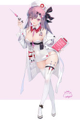 Rule 34 | 1girl, :d, absurdres, ahoge, bandaged arm, bandages, bare shoulders, belt, belt pouch, between breasts, blood, blood bag, bow, breasts, cleavage, coat, crossed legs, detached collar, dress, earrings, full body, hair bow, hair ornament, hairclip, half updo, halter dress, halterneck, hand up, hat, highres, holding, id card, jewelry, jiujiuyatou (yayanzz), large breasts, long hair, long sleeves, looking at viewer, nail polish, necktie, nurse, nurse cap, off shoulder, open clothes, open coat, open mouth, original, panties, panty straps, pink eyes, pink hair, pouch, short dress, sleeveless, sleeveless dress, smile, solo, spaghetti strap, standing, string panties, syringe, thigh strap, thighhighs, thighs, underwear, watson cross, white coat, white dress, white hat, white thighhighs, wrist cuffs, x hair ornament, zettai ryouiki