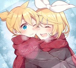 Rule 34 | 00s, 1boy, 1girl, asagao minoru, blonde hair, blush, bow, breath, brother and sister, character name, cheek-to-cheek, closed eyes, commentary, hair between eyes, hair bow, hair ornament, hairclip, heads together, heart, kagamine len, kagamine rin, medium hair, one eye closed, ponytail, red scarf, scarf, shared clothes, shared scarf, siblings, smile, snowflakes, twins, upper body, vocaloid