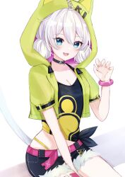 Rule 34 | 1girl, :d, black camisole, black shorts, blue eyes, breasts, camisole, claw pose, cleavage, collarbone, commentary, cropped jacket, cutoffs, denim, denim shorts, green jacket, hair between eyes, hand up, highres, honkai (series), honkai impact 3rd, hood, hood up, hooded jacket, jacket, kiana kaslana, kiana kaslana (knight moonbeam), looking at viewer, low twintails, medium breasts, open mouth, puffy short sleeves, puffy sleeves, short shorts, short sleeves, short twintails, shorts, sitting, smile, solo, symbol-only commentary, tail, tdatnst, twintails, white background, white hair