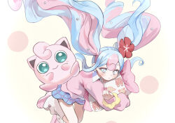 Rule 34 | 1girl, absurdres, blue eyes, collared sweater, commentary, creatures (company), earrings, fairy miku (project voltage), flower, game freak, gen 1 pokemon, green eyes, hair flower, hair ornament, hatsune miku, highres, holding, holding pillow, jewelry, jigglypuff, mebuki (moon angel 4), multicolored hair, nintendo, pillow, plaid, plaid skirt, pokemon, project voltage, red nails, skirt, twintails, two-tone hair, vocaloid, white footwear