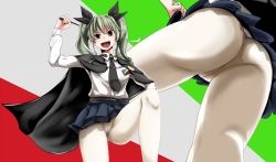 Rule 34 | 10s, 1girl, anchovy (girls und panzer), ass, belt, brown eyes, cape, commentary request, crotch seam, girls und panzer, grey hair, hair ribbon, long hair, long sleeves, looking at viewer, mtu virus, multiple views, necktie, open mouth, pantyhose, pleated skirt, ribbon, riding crop, school uniform, shirt, skirt, smile, twintails, upskirt, white pantyhose, yaruku