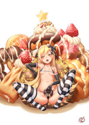 Rule 34 | 1girl, absurdres, bai linqin, bakemonogatari, bikini, black bikini, black gloves, blonde hair, breasts, cameltoe, chocolate doughnut, cleft of venus, collarbone, come hither, covered erect nipples, doughnut, elbow gloves, fangs, feet, food, french cruller, fruit, gloves, groin tendon, hair ribbon, highres, icing, in food, knees up, long hair, looking at viewer, micro bikini, monogatari (series), naughty face, navel, no shoes, old-fashioned doughnut, open mouth, oshino shinobu, oversized object, partially visible anus, ribbon, shiny skin, sitting, slit pupils, small breasts, solo, spread legs, star (symbol), strawberry, string bikini, striped clothes, striped thighhighs, swimsuit, thighhighs, tongue, tongue out, very long hair, whipped cream, yellow eyes