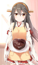 Rule 34 | 1girl, absurdres, apron, artist name, bare shoulders, black hair, blush, brown eyes, cake, candy, chocolate, chocolate heart, commentary request, cowboy shot, detached sleeves, food, hair between eyes, hairband, haruna (kancolle), headgear, heart, highres, japanese clothes, kantai collection, long hair, nontraditional miko, pleated skirt, red skirt, ribbon-trimmed sleeves, ribbon trim, ryuki (ryukisukune), signature, skirt, smile, solo, valentine, wide sleeves, yellow apron