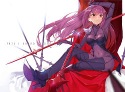Rule 34 | 1girl, blush, bodysuit, boots, breasts, covered navel, fate/grand order, fate (series), frown, gae bolg (fate), high heels, koba, large breasts, crossed legs, long hair, pauldrons, polearm, purple bodysuit, purple hair, red eyes, scathach (fate), scathach (fate), single pauldron, sitting, solo, spear, weapon