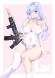 Rule 34 | 1girl, 1z10, assault rifle, bare shoulders, breasts, cleavage, clothing cutout, detached collar, detached sleeves, facial mark, girls&#039; frontline, gun, h&amp;k hk416, hair ornament, highres, hk416 (girls&#039; frontline), holding, holding gun, holding weapon, invisible chair, kneehighs, large breasts, leotard, long hair, looking at viewer, navel, navel cutout, rifle, silver hair, single kneehigh, single sock, single thighhigh, sitting, smile, socks, solo, thighhighs, thighs, weapon, white leotard, white socks