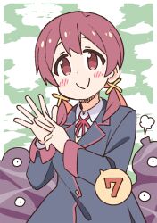 Rule 34 | 1girl, black jacket, brown eyes, commentary request, creature, finger counting, hair between eyes, hair over shoulder, jacket, long hair, long sleeves, looking at viewer, low twintails, murosaki miyo, neck ribbon, nekotoufu, official art, onii-chan wa oshimai!, red hair, red ribbon, ribbon, school uniform, shirt, smile, solo, spoken number, spread fingers, twintails, upper body, v, white shirt, wing collar