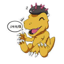 Rule 34 | +++, ^ ^, agumon, claws, closed eyes, commentary, creatures (company), crossover, digimon, digimon (creature), game freak, gen 7 pokemon, gigobyte350, korean text, nintendo, on head, open mouth, pokemon, pokemon (creature), pokemon on head, pyukumuku, simple background, speech bubble, teeth, translation request, white background