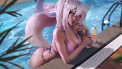 Rule 34 | 1girl, alcohol, animal ears, arm tattoo, bikini, breasts, chest tattoo, cleavage, commentary, commission, dated, english commentary, eva solo, facial tattoo, glint, hair between eyes, highres, innertube, large breasts, lips, long hair, looking at viewer, multicolored hair, nail polish, o-ring, o-ring bikini, original, pink eyes, pink hair, pink lips, pink nails, ponytail, pool, pool ladder, poolside, solo, swim ring, swimsuit, tail, tattoo, two-tone hair, water, watermark, white hair, wolf ears, wolf girl, wolf tail