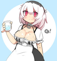 Rule 34 | !, 1girl, anchor choker, arm at side, azur lane, black hairband, bleuzer, breasts, choker, cleavage, cup, dress, frilled dress, frills, hairband, halterneck, headdress, highres, holding, holding cup, large breasts, looking at viewer, maid, maid headdress, pink eyes, shiny skin, simple background, sirius (azur lane), square neckline, sweat, upper body, white hair