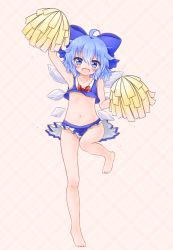 Rule 34 | 1girl, ahoge, arm up, armpits, bare arms, bare legs, bare shoulders, barefoot, blue eyes, blue hair, blush, bow, cheerleader, cirno, collarbone, crop top, cropped jacket, full body, hair bow, highres, matching hair/eyes, midriff, miniskirt, mofu mofu, navel, open mouth, pom pom (cheerleading), shirt, skirt, sleeveless, sleeveless shirt, smile, solo, standing, standing on one leg, sweat, touhou