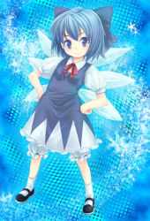 Rule 34 | 1girl, bloomers, blue background, blue dress, blue eyes, blue hair, blush, bow, buriki, cirno, dress, female focus, full body, hair bow, hands on own hips, ice, ice wings, looking at viewer, matching hair/eyes, puffy short sleeves, puffy sleeves, red ribbon, ribbon, shirt, shoes, short sleeves, smile, socks, solo, embodiment of scarlet devil, touhou, underwear, white shirt, wings