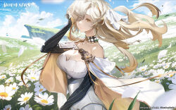 Rule 34 | 1girl, alchemy stars, blonde hair, breasts, cape, choker, cleavage, closed mouth, cloud, dress, falling petals, field, flower, flower field, hair ornament, hair over one eye, highres, hill, joshua (alchemy stars), large breasts, long hair, official art, petals, solo, strapless, strapless dress