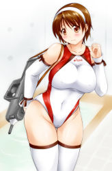 Rule 34 | 10s, 1girl, asics, brand name imitation, breasts, brown eyes, brown hair, cameltoe, competition swimsuit, detached sleeves, gun, kantai collection, large breasts, natori (kancolle), one-piece swimsuit, short hair, solo, swimsuit, thighhighs, weapon, yukitaka